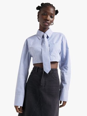 Women's Blue & White Cropped Shirt With Tie