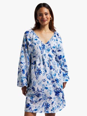 Women's Blue Floral Print A-Line Dress