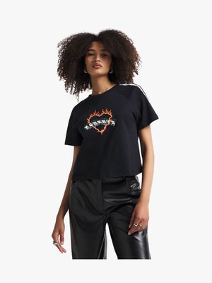 Women's Black Cropped Varsity T-Shirt