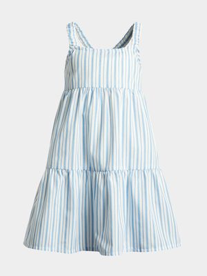 Older Girl's Blue Stripe Print Tiered Poplin Dress