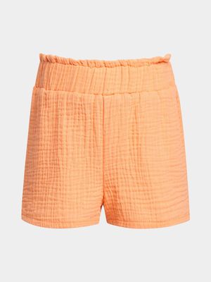 Younger Girl's Orange Crinkle Shorts