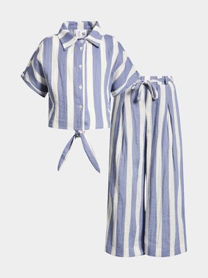 Younger Girls Stripe Faux Linen Shirt & Pants Set