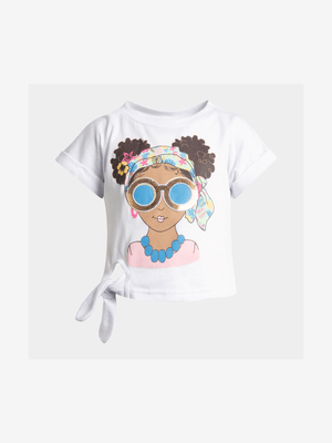 Younger Girl's White Graphic Print Knot T-Shirt
