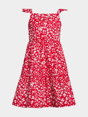 Older Girl's Red Flower Print Tiered Dress