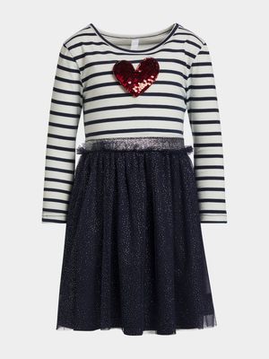 Younger Girl's Navy & White Striped Tulle Dress