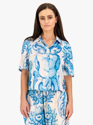 Women's Rosey & Vittori Blue Soft Satin Printed Shirt