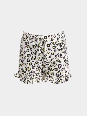 Older Girl's White Animal Print Ruffle Fleece Shorts