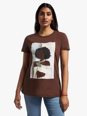 Women's Brown Graphic Print T-Shirt