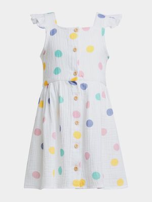 Younger Girl's White Polka Dot Print Button Dress