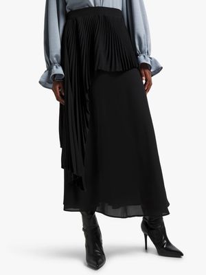 Women's Elwen Design Black Asymetrical Pleated Skirt