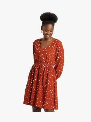 Women's Orange Spot Print Smock Waist Dress