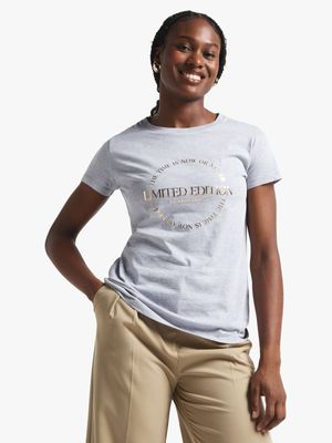 Women's Grey Melange Graphic Print T-Shirt