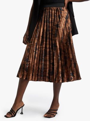 Women's Brown & Black Print Satin Pleated Skirt