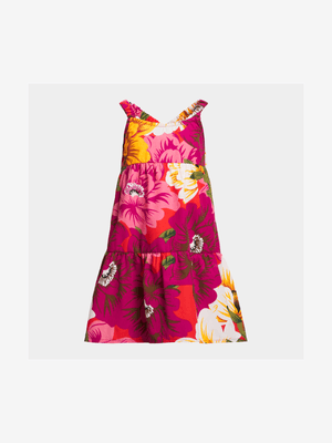 Younger Girl's Orange & Pink Floral Print Tiered Poplin Dress