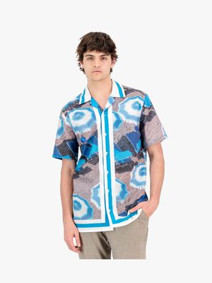 Men's Rosey & Vittori Blue & White Satin Placement Border Shirt