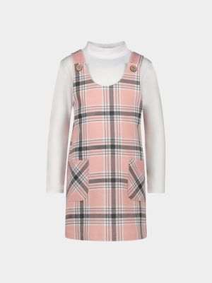Older Girl's Pink & Grey Check Pinafore & T-Shirt Set