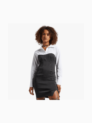 Women's Black & White Striped Twofer Shirt Dress