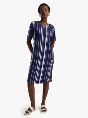 Women's Blue Vertical Stripe Print T-Shirt Dress