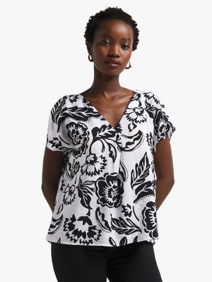 Women's White & Black Floral Print V-Neck Blouse