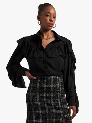 Women's Elwen Design Black Ruffled Long Sleeve Blouse
