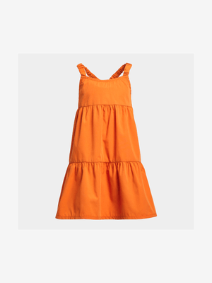 Younger Girl's Orange Tiered Poplin Dress