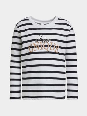 Younger Girl's Black & White Striped Graphic Print T-Shirt