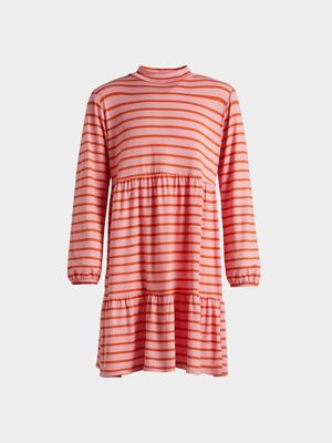 Younger Girl's Pink & Orange Stripe Print Tiered Dress