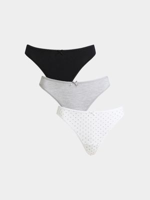 Women's Black, Grey & White Print 3-Pack Cotton Thongs