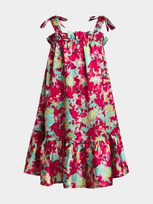 Younger Girls Satin Floral Tiered Dress