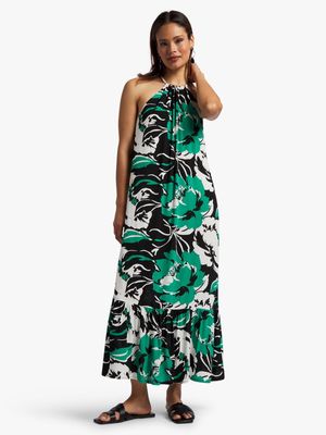 Women's Green Floral Print Halterneck Maxi Dress