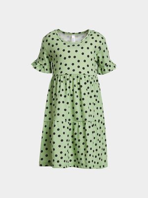 Younger Girl's Green Spot Print Tiered Dress