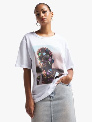 Women's White Guy Scribble Face Graphic Top