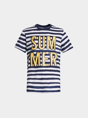 Younger Boy's Navy Striped Graphic Print T-Shirt