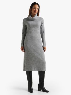 Women's Grey Melange Cowl Neck Rib Dress