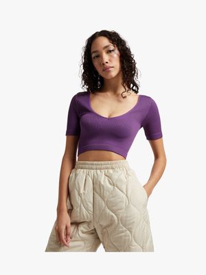 Women's Purple Scoop Neck Short Sleeve Crop Top