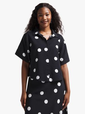 Women's Black & White Polka Dot Print Boxy Shirt