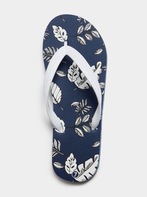 Men's Navy & White Foliage Print Flip Flops
