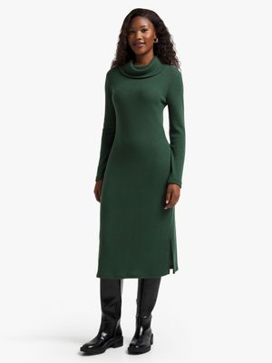 Women's Green Cowl Neck Rib Dress