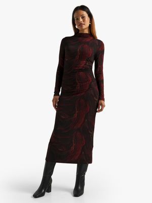 Women's Red & Black Marble Print Ruched Bodycon Dress