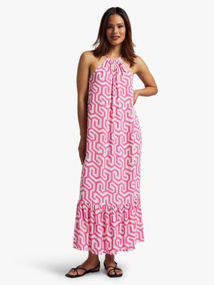 Women's Pink Geometric Print Halterneck Maxi Dress