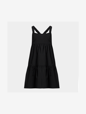 Younger Girl's Black Tiered Poplin Dress