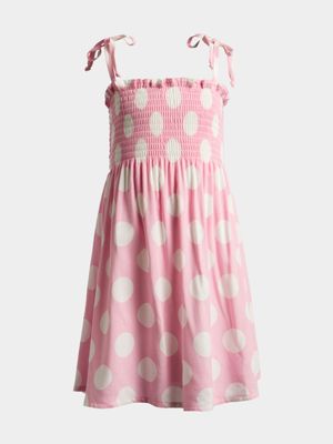 Older Girl's Pink Polka Dot Print Smocked Dress