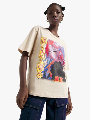 Women's Stone Asian Text Anime Girl Graphic Top
