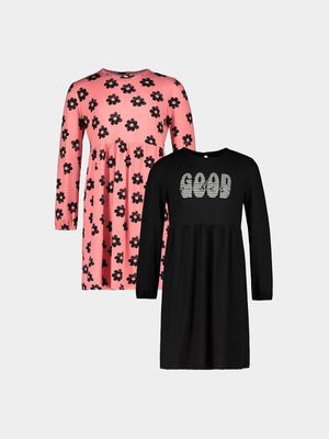 Younger Girl's Black Graphic & Pink Flower Print 2-Pack Dresses