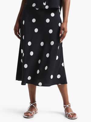Women's Black & White Polka Dot Print Midi Skirt