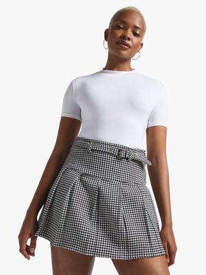 Women's Black & White Houndstooth Belted Pleat Detail Mini Skirt