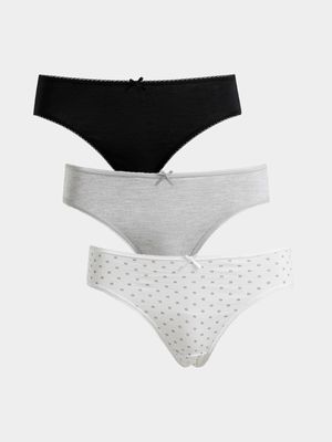Women's Black, Grey & White Print 3-Pack Cotton Bikini Panties