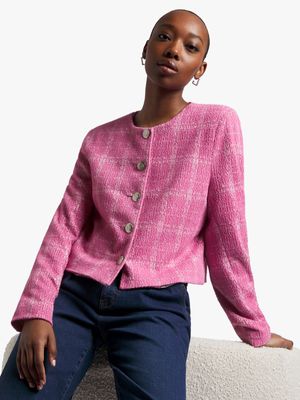 Cropped Collarless Buttoned Boucle Blazer