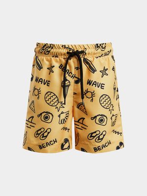 Younger Boy's Yellow Beach Print Swim Shorts