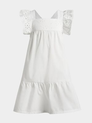 Younger Girl's White Anglaise Ruffle Dress